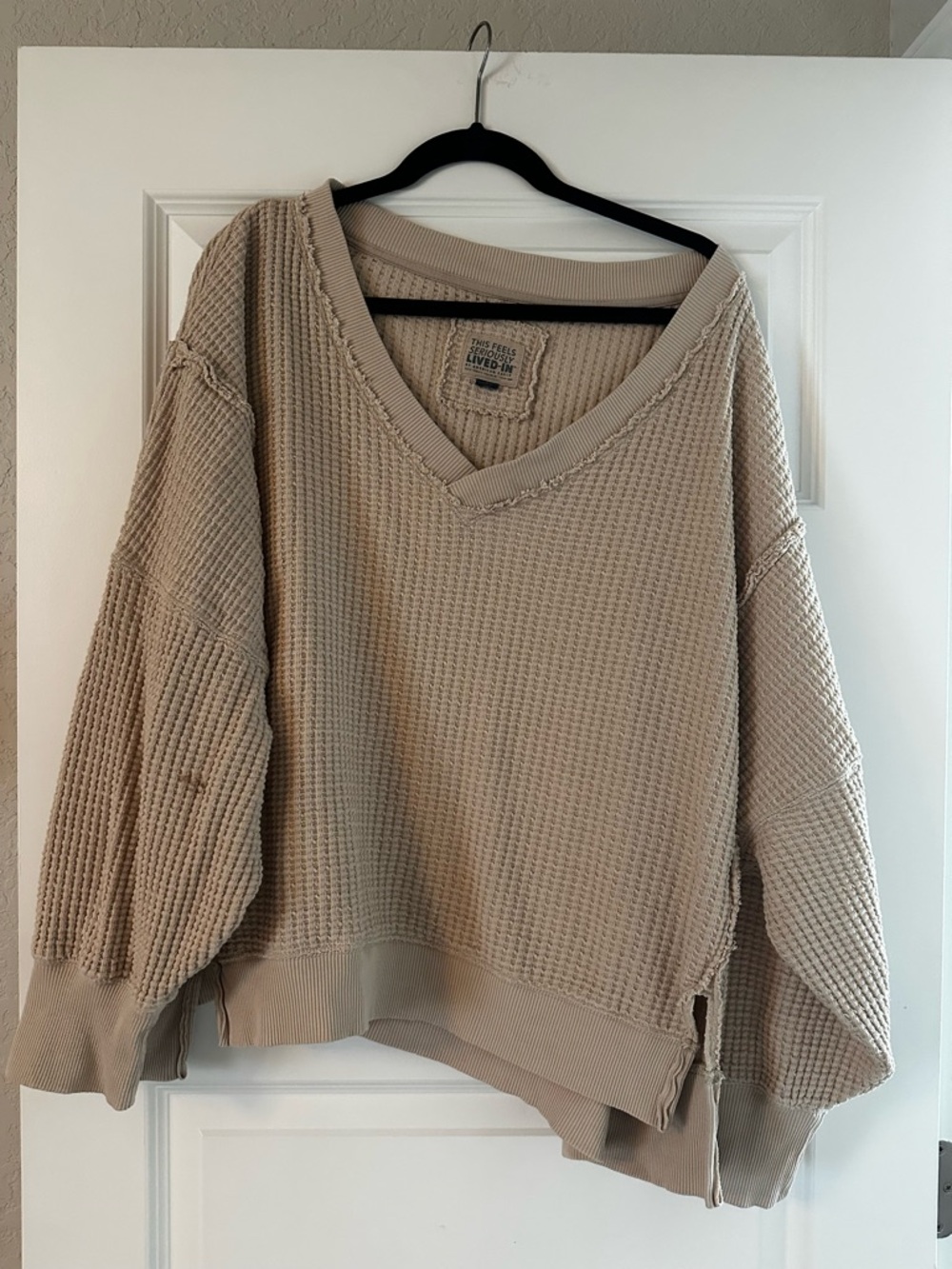 American Eagle Outfitters Waffle Knit V-Neck Sweater - Beige